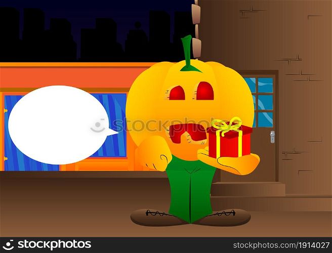 Decorative pumpkin for Halloween holding small gift box as a cartoon character with face. Vector Illustration.