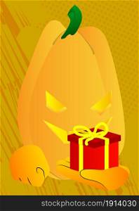 Decorative pumpkin for Halloween holding small gift box as a cartoon character with face. Vector Illustration.