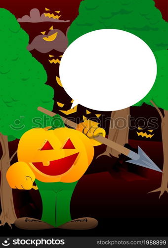 Decorative pumpkin for Halloween holding spear in his hand as a cartoon character with face. Vector Illustration.