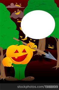 Decorative pumpkin for Halloween holding spear in his hand as a cartoon character with face. Vector Illustration.
