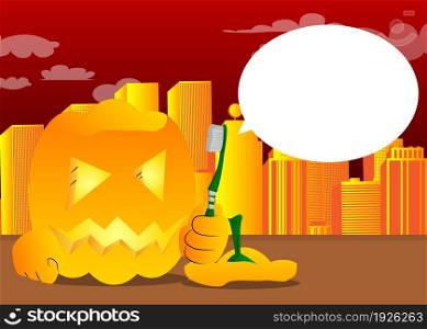 Decorative pumpkin for Halloween holding toothbrush as a cartoon character with face. Vector Illustration.