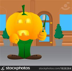 Decorative pumpkin for Halloween holding toothbrush as a cartoon character with face. Vector Illustration.