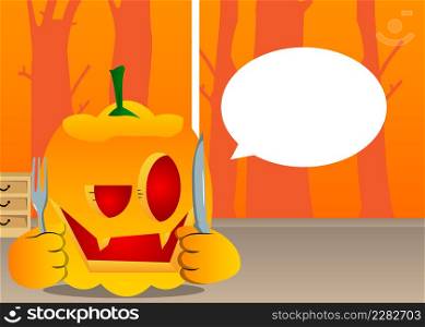 Decorative pumpkin for Halloween holding up a knife and fork as a cartoon character with face. Vector Illustration.