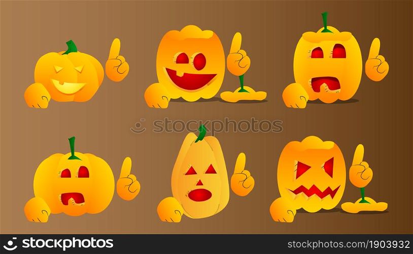 Decorative pumpkin for Halloween making a point as a cartoon character with face. Vector Illustration.