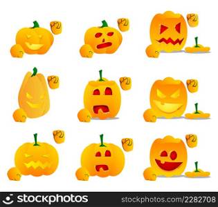 Decorative pumpkin for Halloween making power to the people fist gesture as a cartoon character with face. Vector Illustration.