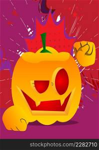 Decorative pumpkin for Halloween making power to the people fist gesture as a cartoon character with face. Vector Illustration.
