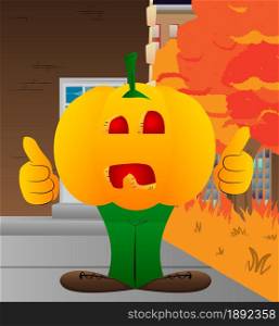 Decorative pumpkin for Halloween making thumbs up sign with two hands as a cartoon character with face. Vector Illustration.