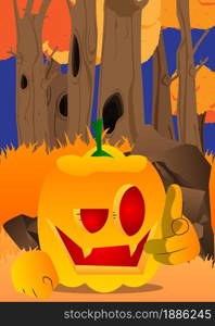 Decorative pumpkin for Halloween pointing at the viewer with his hand as a cartoon character with face. Vector Illustration.