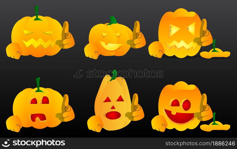 Decorative pumpkin for Halloween pointing at the viewer with his hand as a cartoon character with face. Vector Illustration.