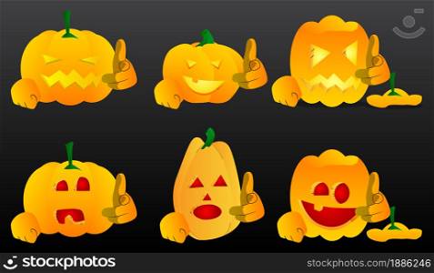 Decorative pumpkin for Halloween pointing at the viewer with his hand as a cartoon character with face. Vector Illustration.