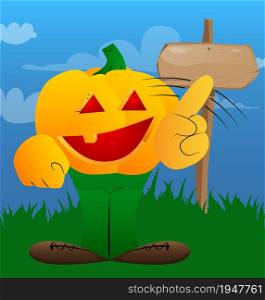 Decorative pumpkin for Halloween saying no with his finger as a cartoon character with face. Vector Illustration.