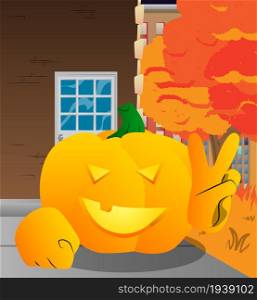 Decorative pumpkin for Halloween showing the V sign, peace hand gesture as a cartoon character with face. Vector Illustration.