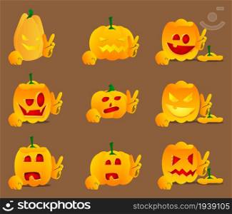 Decorative pumpkin for Halloween showing the V sign, peace hand gesture as a cartoon character with face. Vector Illustration.