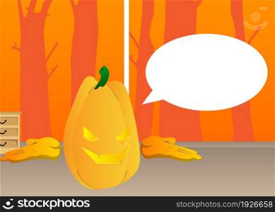 Decorative pumpkin for Halloween shrugs shoulders expressing don't know gesture as a cartoon character with face. Vector Illustration.