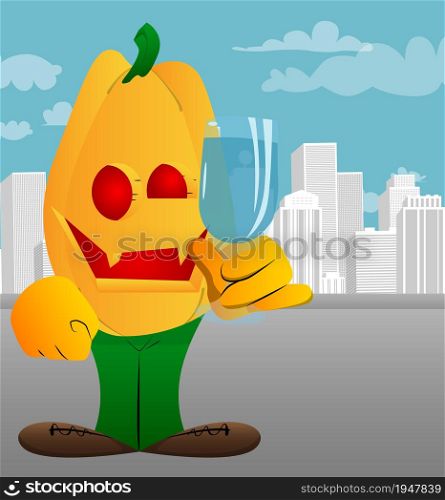 Decorative pumpkin for Halloween with a glass of water as a cartoon character with face. Vector Illustration.