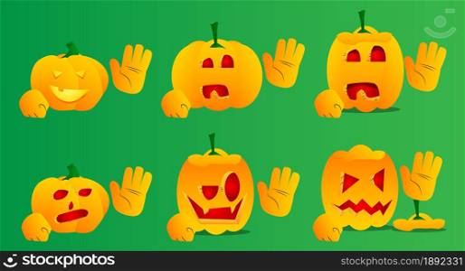 Decorative pumpkin for Halloween with waving hand as a cartoon character with face. Vector Illustration.