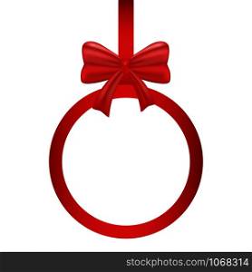 Decorative realistic red ribbon with shiny gift bow. Isolated on background vector object for greeting card, banner template, web design, new year, merry Christmas, Valentines day, holiday celebrating