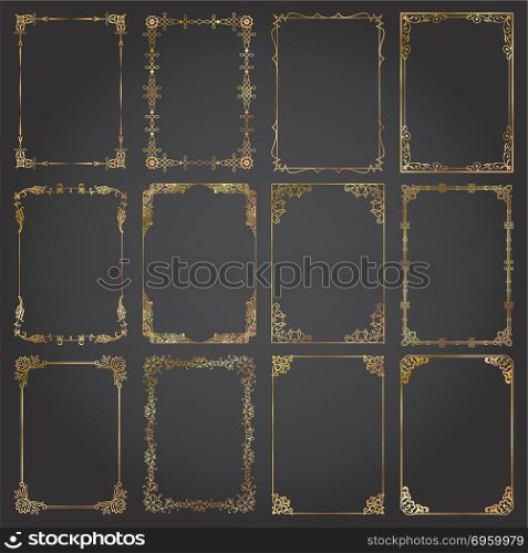 Decorative rectangle gold frames and borders set vector
