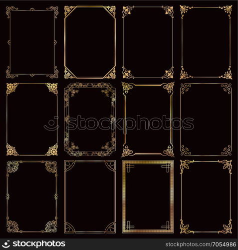 Decorative rectangle gold frames and borders set vector