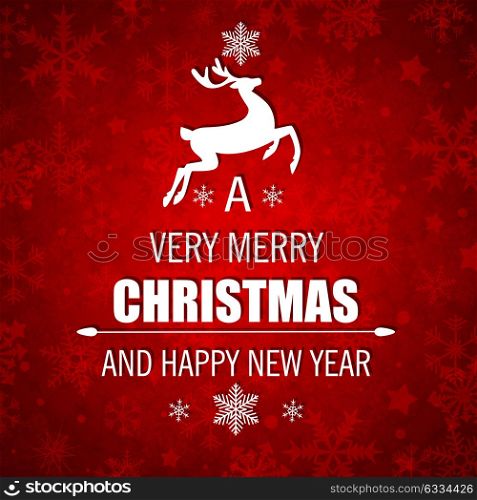 Decorative red vector Christmas background with white deer and greeting inscription.