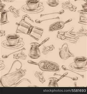 Decorative retro coffee set with grinder beans sugar seamless background wrapping paper handdrawn design doodle vector illustration