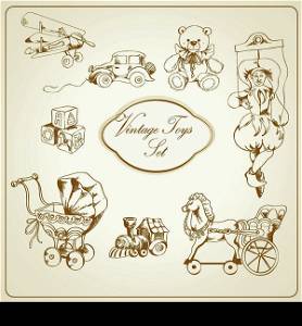 Decorative retro kids toys sketch icons set of airplane car teddy bear puppet isolated vector illustration