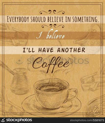 Decorative retro morning coffee set with espresso hot cup dark brown doodle sketch design poster vector illustration