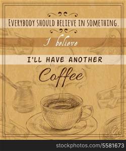 Decorative retro morning coffee set with espresso hot cup dark brown doodle sketch design poster vector illustration