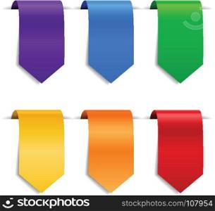 Decorative ribbons, labels or bookmarks set. Set of colored decorative ribbons, labels or bookmarks. Purple, blue and green, yellow and orange, red tags