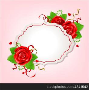 Decorative romantic banner for Valentine's day with red roses and green leaves