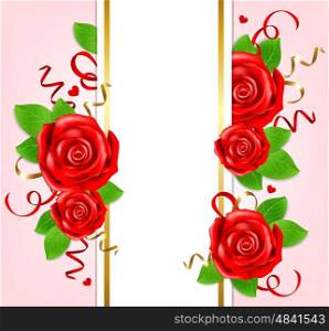 Decorative romantic vertical banner for Valentine's day with red roses and green leaves