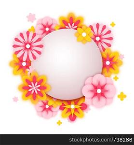 Decorative round banner with colorful paper flowers, spring postcard background, vector illustration