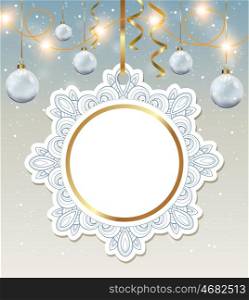 Decorative round vector Christmas banner with white decorations.