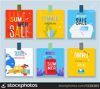Decorative Sales Tags for Shopping and Travel Set. Vector Labels with Promotion Text. Special Summer Offers Banners. Seasonal Discounts Stickers. Booking Service, Tour Agency, Shop Ad Illustration. Decorative Sales Tags for Shopping and Travel Set