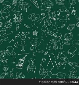 Decorative school children studying singing drawing on chalkboard education accessories background seamless doodle vector illustration