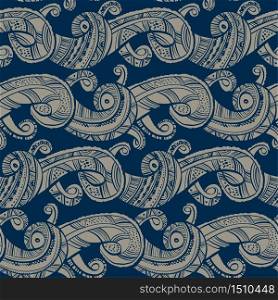 Decorative sea waves medieval style seamless pattern for background, fabric, textile, wrap, surface, web and print design. Folk ethnic vibes water rapport in blue and beige colors.