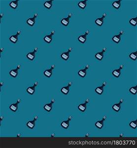 Decorative seamless alcohol pattern with rum bottles shapes. Blue background. Bar menu print. Designed for fabric design, textile print, wrapping, cover. Vector illustration.. Decorative seamless alcohol pattern with rum bottles shapes. Blue background. Bar menu print.