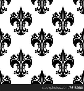 Decorative seamless black fleur-de-lis pattern of florid french heraldic lilies, adorned by buds and curlicues on white background. Use as vintage interior, wallpaper or royal theme design. Black florid fleur-de-lis seamless pattern