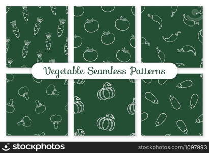 Decorative seamless chalk contour chilli vegetable pattern. Retro background with chalk silhouette chili pepper vegetables on green chalkboard. Seamless vector illustration for vegetarian menu pattern. Seamless chalk contour chilli vegetable pattern
