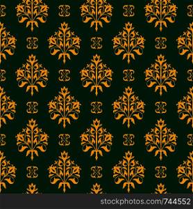 Decorative seamless floral pattern.Golden pattern on green background.. Seamless floral vector pattern. Golden and green.