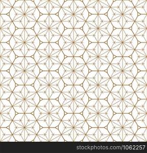 Decorative seamless geometric pattern in Japanese style Kumiko .Gold silhouette lines.For design template,textile,lattice,fabric,wrapping paper,laser cutting and engraving.Hexagon grid.. Seamless geometric pattern based on japanese ornament kumiko .