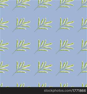 Decorative seamless nature pattern with green simple leaves branches silhouettes. Blue background. Designed for fabric design, textile print, wrapping, cover. Vector illustration.. Decorative seamless nature pattern with green simple leaves branches silhouettes. Blue background.