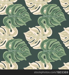 Decorative seamless pattern with abstract style monstera leaf shapes print. Dark background. Pale tones. Designed for fabric design, textile print, wrapping, cover. Vector illustration.. Decorative seamless pattern with abstract style monstera leaf shapes print. Dark background. Pale tones.