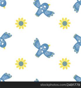 Decorative seamless pattern with beautiful blue bird and yellow flower on white background. Vector illustration for decor, design, wallpaper, decoration, packaging, textile and print