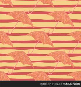 Decorative seamless pattern with doodle umbrella orange silhouettes. Striped background with maroon lines. Great for fabric design, textile print, wrapping, cover. Vector illustration.. Decorative seamless pattern with doodle umbrella orange silhouettes. Striped background with maroon lines.