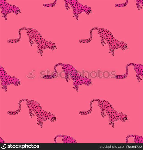 Decorative seamless pattern with doodlecute leopard. Hand drawn cheetah endless wallpaper. Wild animals background. Design for fabric, textile, wrapping, illustration. Decorative seamless pattern with doodlecute leopard. Hand drawn cheetah endless wallpaper.