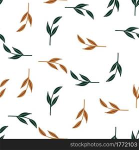 Decorative seamless pattern with orange and green random simple leaf branches shapes. White background. Perfect for fabric design, textile print, wrapping, cover. Vector illustration.. Decorative seamless pattern with orange and green random simple leaf branches shapes. White background.
