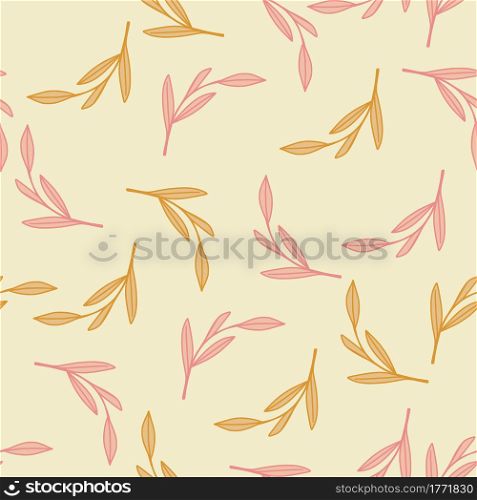 Decorative seamless pattern with orange and pink colored random outline leaves print. Pastel background. Perfect for fabric design, textile print, wrapping, cover. Vector illustration.. Decorative seamless pattern with orange and pink colored random outline leaves print. Pastel background.