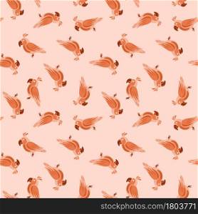 Decorative seamless pattern with orange random little parrots shapes print. Pastel pink background. Designed for fabric design, textile print, wrapping, cover. Vector illustration.. Decorative seamless pattern with orange random little parrots shapes print. Pastel pink background.