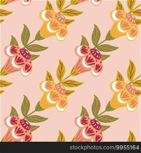 Decorative seamless pattern with pale yellow and pink vintage flowers ornament. Pink background. Designed for fabric design, textile print, wrapping, cover. Vector illustration. Decorative seamless pattern with pale yellow and pink vintage flowers ornament. Pink background.